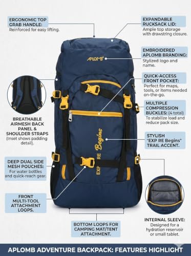 Image of APLOMB Premium 65L Hiking Backpack for Men and Women - Water-Resistant Rucksack with Expandable Storage to 80L, Ergonomic Comfort Back Support - Heavy-Duty Camping, Trekking & Travel Bag