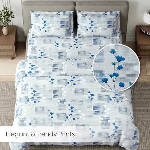 Image of Haus & Kinder King Size Bedsheet for Double Bed with 2 Pillow Covers 108 x 108 Inches | 144 TC Cotton Bedsheet for King Size Bed - Blue Flower Sketch