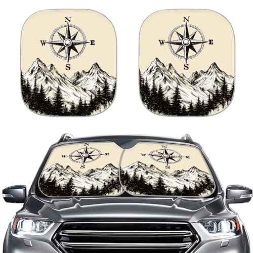 Image of Mountain Compasses 2 Piece Foldable Car Windshield Sun Shade Front Windshield Shade for Sun Auto Interior Protector Auto Sun Heat and UV Rays Blocker for SUV Truck Van Sedans