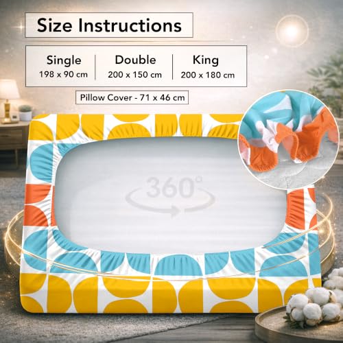 Image of Divine Casa King Size Fitted Bedsheet with 2 Pillow Covers (200 x 180 CM) | Cotton Twill Satin Retro Geometric Print | Orange & Blue Elastic Fitted Sheet for Mattress.