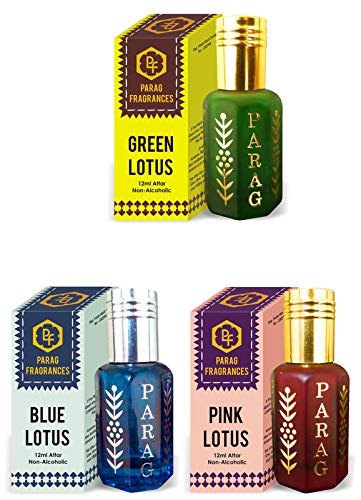 Parag Fragrances Green Lotus, Blue Lotus & Pink Lotus Attar 12Ml Each Total 36Ml Of Natural & Pure Long Lasting Attar (Grade 1) Naturally Made By Bhapka Process