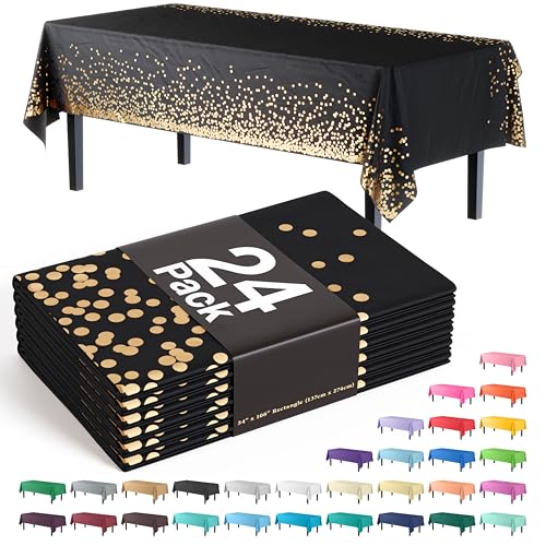 Image of Party Solids Black & Gold Dot Rectangular Plastic Tablecloth - 54x108 Inch, Pack of 24