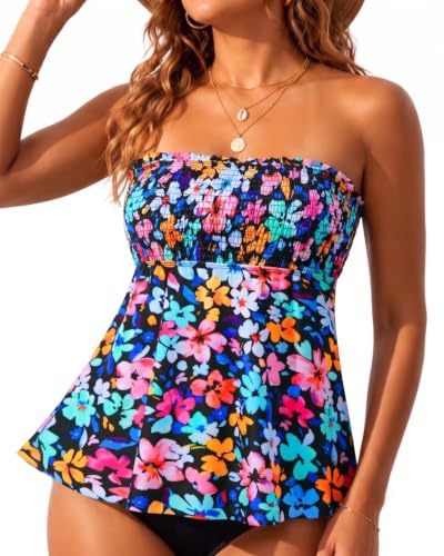 Image of Womens Tankini Swim Tops Bandeau Bathing Suit Top No Bottom | Removable Straps and Pads, Tummy Control Flowy Design