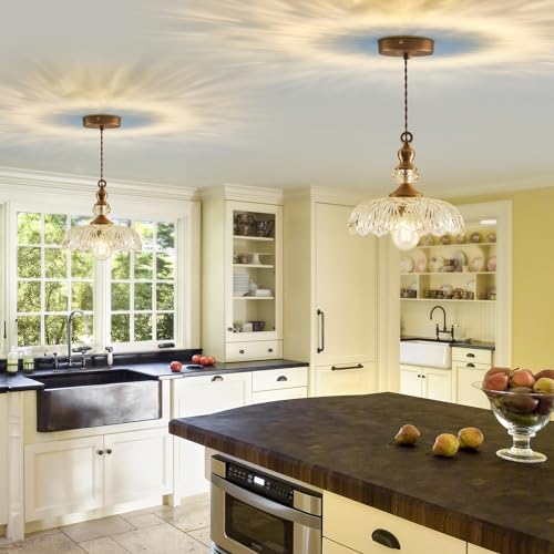 Image of CVKASH Vintage Glass Pendant Light Fixture Brass Modern Adjustable Chandelier Farmhouse Hanging Light for Hallway Porch Kitchen Bedroom Coffee Shop Dining Room Island