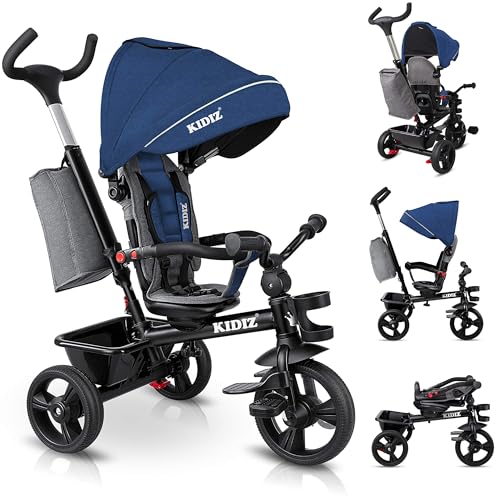 KIDIZ® Triciclo 5 en 1 para niños con barra de empuje, sistema de dirección, barra a partir de 1 año, para correr hacia adelante y hacia atrás, cesta con soporte para bebidas, toldo solar, ruedas de