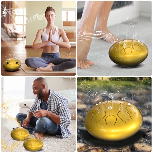 Image of Rain Drum for Outside Garden, 6 Inches 8 Notes Steel Tongue Drums, Waterproof Meditation Rain Chime, Musical Instruments for Adult Gift with Bag, Music Book, Mallets (Gold)