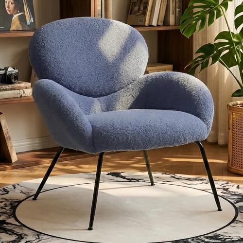 Image of Boucle Accent Chair with Cloud Backrest for Small Space, Blue | Small Reading Chair with Soft Textured Boucle Fabric, Modern Style, Comfy Cloud Backrest for Living Room, Bedroom, Cafe