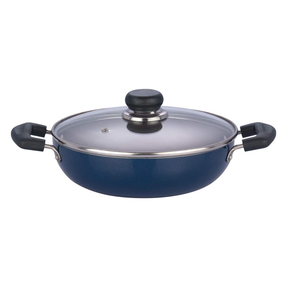 VinodZest Non-Stick Deep Kadai with Glass Lid 24cm, 3.1L | Riveted Bakelite Handles | PFOA Free | 3mm Thick Base | Gas Stove Compatible | Blue Finish Easy to Clean | Ideal for Stir-Fries & Curries