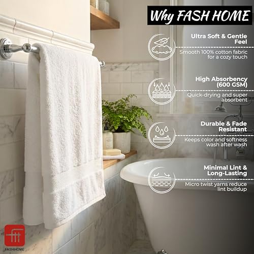 Image of Fash Home 600 GSM Combed Cotton Bath Towel 75x150 cm - Ultra Soft, Quick Dry, Highly Absorbent, Luxury Bathroom Towel, 1 Piece (White)
