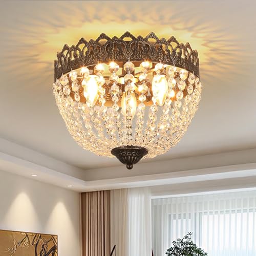 meibeileil Plafoniera led Soffitto Vintage Rotondo in Cristallo,Lampadario E14 Nero E Oro 3 Luci,Base In Color Bronzo Anticato Plafoniera Soffitto Per Soggiorno,Sala Da Pranzo,Villa,Nero, 60W,Ø32Cm.