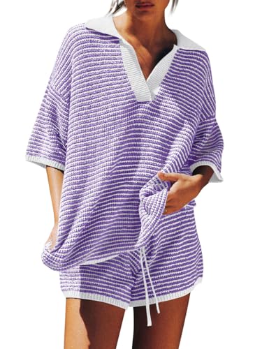 Image of Tankaneo Womens Sweater Set 2 Piece Outfits Oversized 3 /4 Sleeve V Neck Knit Tops High Waisted Shorts Lounge Sets