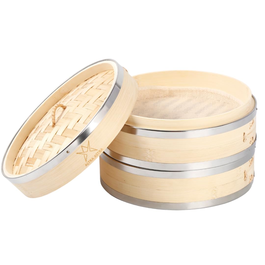 Sponsored Ad – Bamboo Steamer - 8 inch, 100% Glue Free Construction with Reusable Cotton Sheets, Perfect for Healthy Steaming of Dim Sum, Bao Buns, Vegetables, Meat & Fish, 2 Tiered Basket