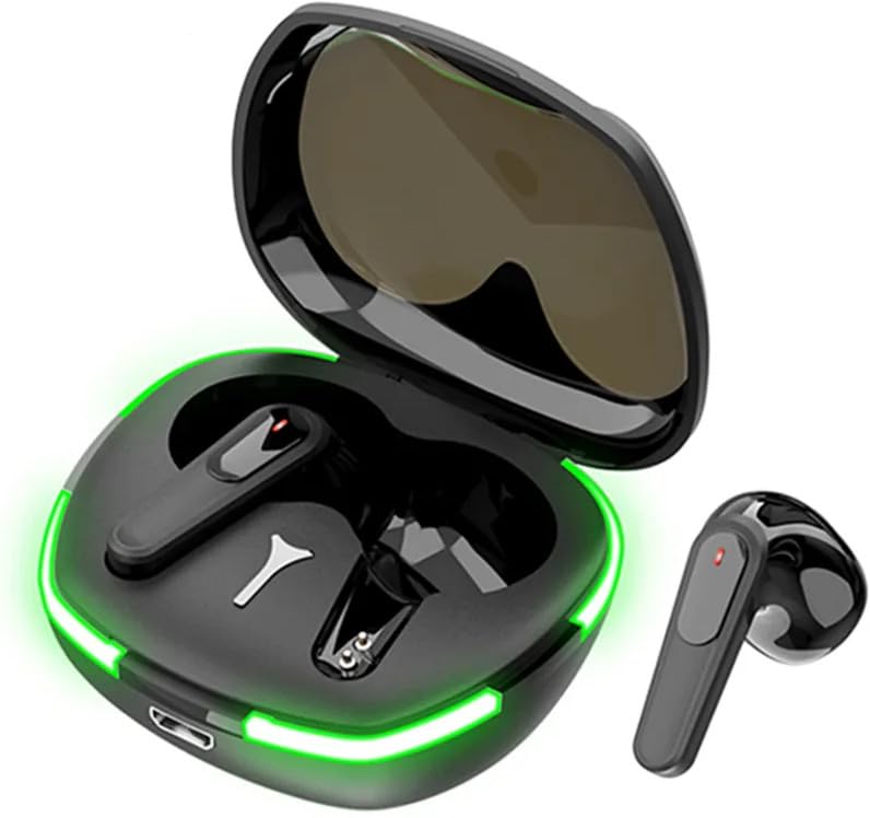Pro 60 TWS Earbuds in charging case with green LED lights