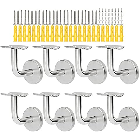 YOUNTHYE 8PCS Stainless Steel Silver Handrail Brackets, Wall Mounted Handrails for Stairs, Hand Rail Bracket Handrail Bannister Support Fixing Screws Included (Curved) Cover