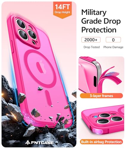 Image of FNTCASE for iPhone 15 Pro Max Case: [Compatible with Magsafe] Translucent Matte Cases with [Full Camera Protection] [Screen Protector] Military Grade Shockproof Protective Phone Cover - Hot Pink
