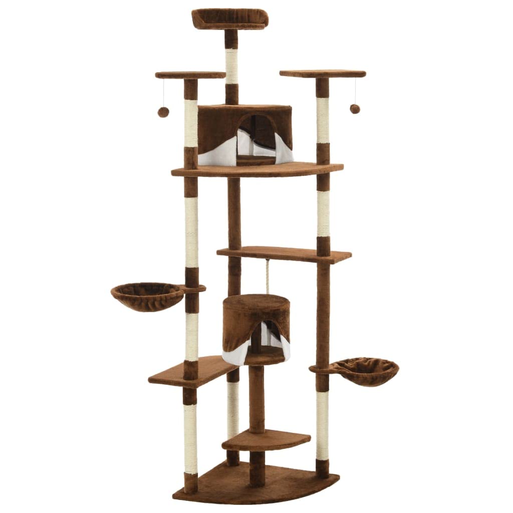 Rascador para gatos con columnas rascadoras de sisal, 203 cm, color marrón y blanco | Parque infantil de varios pisos, marco tapizado de felpa, 2 hamacas, casas escondidas para apartamento