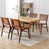 DM Furniture Modern Dining Chairs Set of 4 Farmhouse Kitchen Chairs Faux Leather Dining Room Chairs Wood, Woven Strips Side Chair Comfy Accent Chair for Living Room/Bedroom/Restaurant, Brown