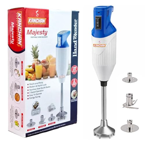 Image of Kanchan Majesty Hand Blender 180W Copper Motor | 3 Stainless Steel Blades for Blending, Whisking & Beating | 2-Speed Control | Low Noise Electric Hand Blender for Kitchen | 2 Year Warranty