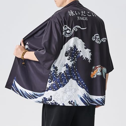 Image of PRIJOUHE Men's Japanese Kimono Cardigan Jackets Casual Long Sleeve Open Front Coat Lightweight Yukata Outwear