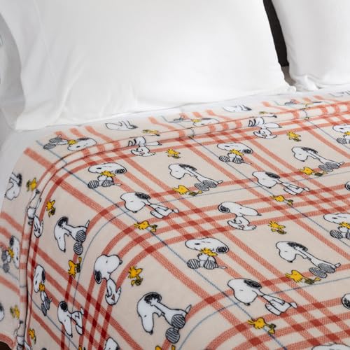 Image of Berkshire Blanket Peanuts VelvetLoft Cute Character Snoopy Plush Blanket,Snoopy and Woodstock Wood Holiday Plaid Medium Tan,Twin 60 in x 90 in (Official Peanuts Product)