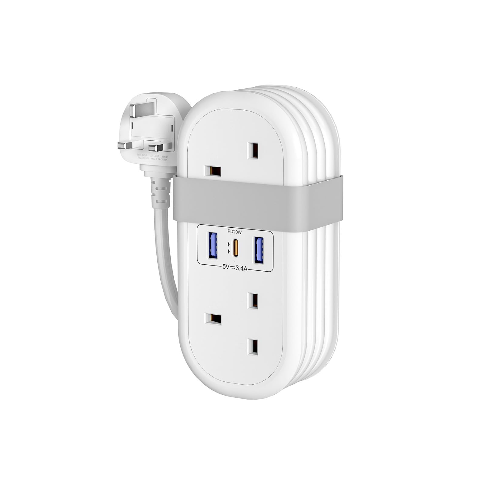 HITRENDS Travel Extension Lead with USB Slots, PD 20W USB C Fast Charger, 2 Plug Power Strip with 3 USB Ports (13A 3250W), Rollable Extension Cord 1.4M for Travel Office Home Camping