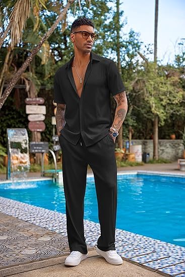 Image of CHKOKKO Men Training Suit Solid Polyester Summer Co-Ord Set With Polo Neck