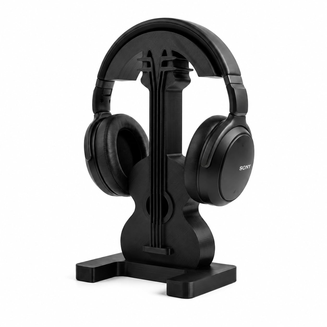 guitar-shaped headphone stand for desk, heavy-duty headset holder, universal headphone display stand for gaming, pc, office & music studio, black