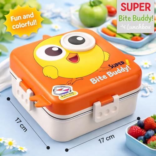Image of ExtraCharm 3 Compartment Stainless Steel Tiffin Box - Insulated, Leak-Proof & BPA-Free Bento Box with Tray, Spoon & Container for School, Office, Travel - 1120ml + 70ml, Orange
