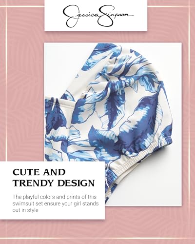 Jessica Simpson Girls Swimsuit Set - 3 Piece UPF 50+ Puff Sleeve Top, Bikini Bottom, Headband - Bathing Suit for Girls (S-XL)3