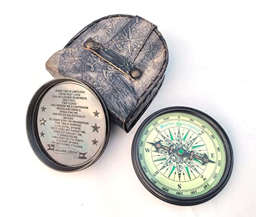 Brújula de bolsillo náutica de latón antiguo con estuche de cuero miniatura 4