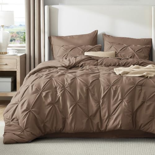 Image of Bedsure Queen Comforter Set Brown - Bed in a Bag Queen Size Bedding 7 Pieces, GentleSoft Pintuck Bed Set Gift for Family, All Season Down Alternative Comforter with Sheets, Pillowcases & Shams