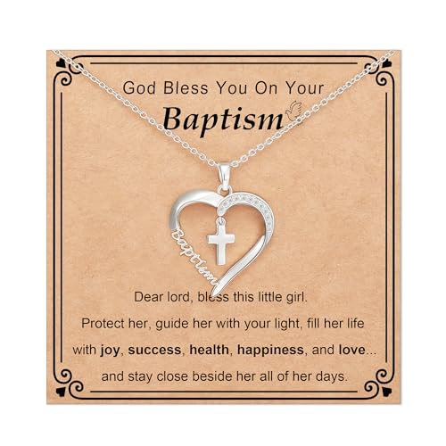 Baptism First Communion Confirmation Cross Heart Necklace for Girls Women Christian Religious Catholic Jewelry Gifts 16+3 Inches