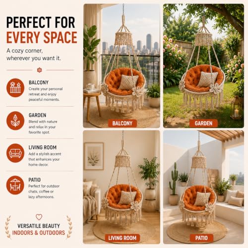 Image of Premium King Size Hammock Chair Swing with Cushion, 200kg Capacity | Indoor Outdoor Heavy Duty Adults & Kids Hanging Jhula for Home, Garden, Patio & Balcony | 1 Year Warranty (Beige)