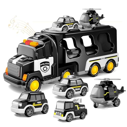 Image of Kidology 5-in-1 Police Carrier Truck Toy for Kids 3-7 Years | LED Lights & Siren Sound | Montessori Educational Friction Power Transport Vehicle Toys Playset | Birthday Gift for Boys & Girls
