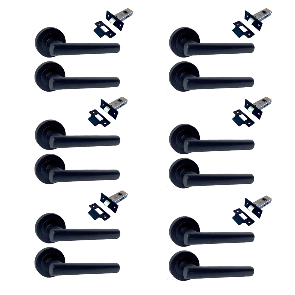 Epsom Door Handle Matt Black Door Handles On Rose – 123Mm Modern Lever With 52Mm Round Rose | Contemporary Interior Handles | Packs & Complete Sets (6 X Pairs Of Handles + Tubular Latch)
