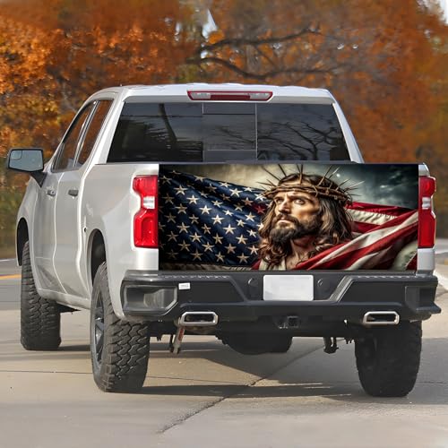 Image of Truck Tailgate Wraps Decals - 66x23.6 in American Flag Tailgate Graphics with Eagle for Trucks Pickup Personalized Decoration, Jesus Sticker Decal