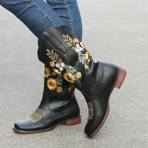 HINDOLA Cowboy Boots for Women Mid Calf Cowgirl Western Boots Sunflower Embroidery Stitched Square Toe Low Heel Ankle Boots4