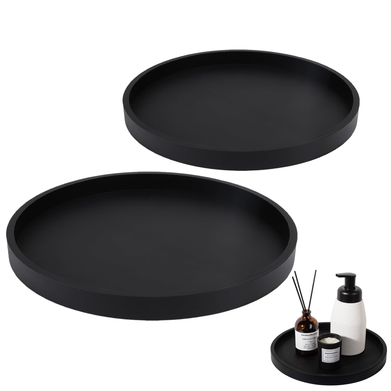 2 Pcs Coffee Table Decor, Candle Tray and Decorative Tray, Black Tray Decorative for Bathroom and Table, Round Tray Decorative with Mirror Tray Design, Set of Two in Black S Size 18 cm 180g