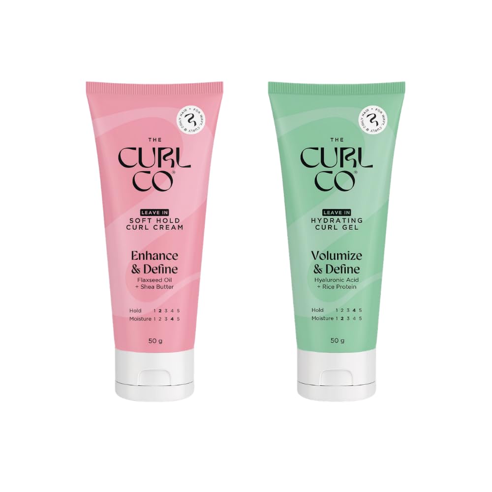 the curl co softhold styling duo cream & gel | for curly, wavy, dry & frizzy hair | with hyaluronic acid, rice protein, flaxseed extract, shea butter & argan oil | defining styler & soft hold gel | frizz control | 50g each