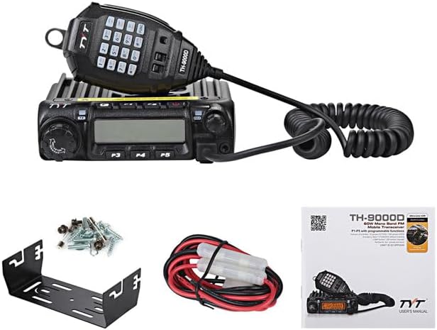 Contents of TYT TH-9000D package including radio, microphone, power cable, mounting bracket, and screws.