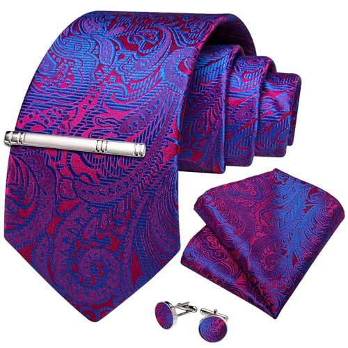 Image of DiBanGu Paisley Ties for Men Silk Necktie and Pocket Square Cufflinks Tie Clip Set Woven Classic Mens Tie for Wedding Party