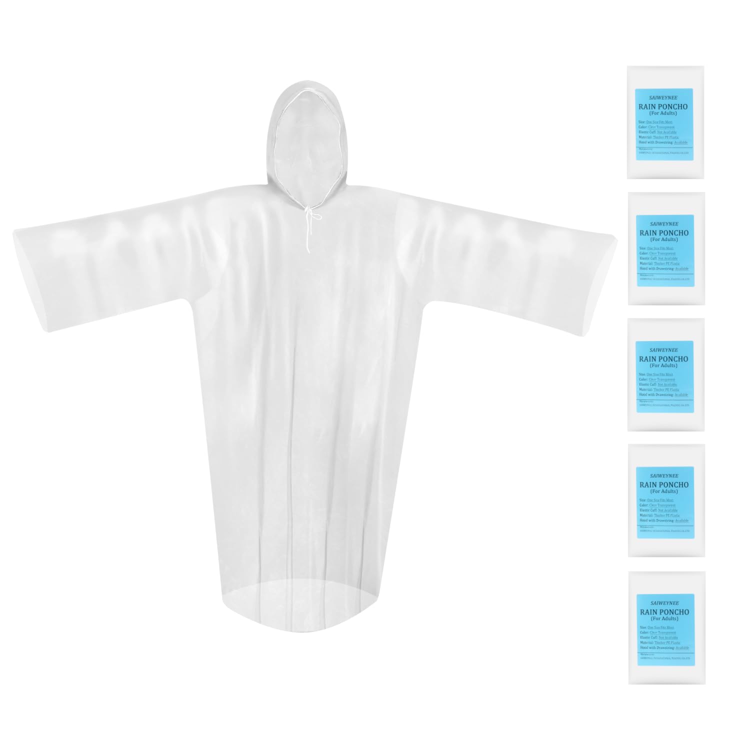 Disposable Rain Ponchos For Adults- Transparent Waterproof Ponchos With Hood,Emergency Rain Gear for Camping,Hiking,Walking,Watching Games,Visiting Theme Park, 5 Pack