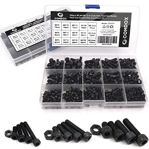 Comdox 500pcs Alloy Steel Socket Cap Screws Hex Head Bolt Nuts Assortment Kit with Box, M3 M4 M5 Thread Size, Black Oxide Finish