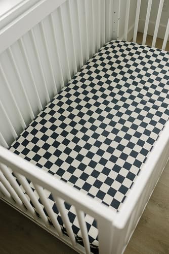 Image of Charcoal Checkered Muslin Crib Sheet by Mebie Baby, Soft and Breathable Bed Sheets for Babies, Modern Neutral Bedding for Cribs, Standard Crib Mattress Fitted Sheet, Great for Boy or Girl Room