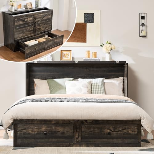 AMERLIFE Full Murphy Bed Cabinet with Charging Station and Storage, Farmhouse Foldable Platform Bed...