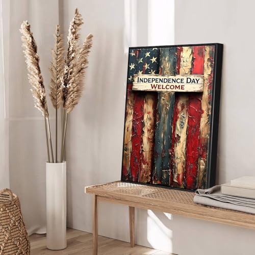 Image of American Flag Framed Canvas Wall Art, Independence Day Welcome Sign Canvas Prints, USA Flag Wood Texture Patriotic Decorations, 4th of July Red White Blue Wall Decor for Bedroom Living Room 24x36
