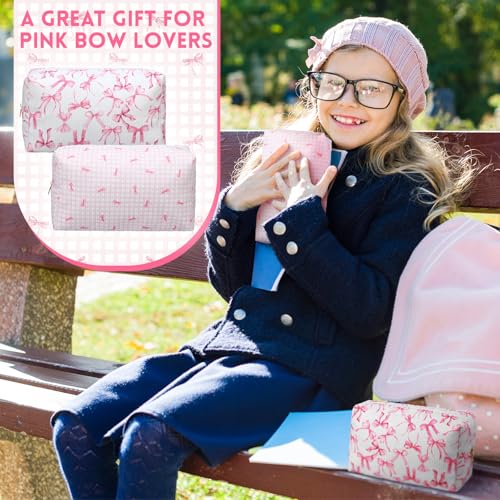 Image of Sherr 2 Pack Coquette Pink Bow Pencil Pouch for Girl Women Cute Bow Corduroy Makeup Bag for Women Soft Quilted Pencil Case for Back to School Gifts Kawaii Pen Box Bag for School Office