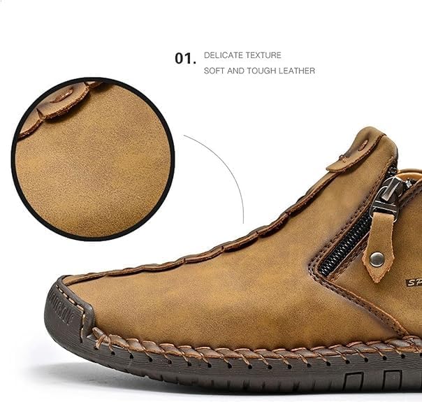 Phanile Mens Shoes,Men's Outdoor Comfy Arch Support Waterproof Walking Shoes,Handmade Casual Loafers,Side Zipper Loafers (Kahki - Fleece-Lined Style,10)2