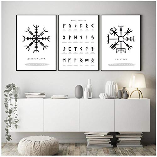 MULMF Plakate Und Drucke Wikinger Skandinavisch Altnordisch Elder Futhark Runen Wandkunst Bilder Leinwand Malerei Wohnzimmer Dekor- 50X70Cmx3 Ungerahmt Cover