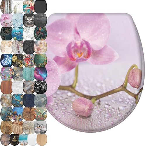 Image of Sanilo Wooden Toilet Seat with Quick Release & Soft Close [ROUND] - Decorative & Slow Close Molded Wood Seat - With One Click for Easy Installation & Cleaning - With Adjustable Fit (Blooming)